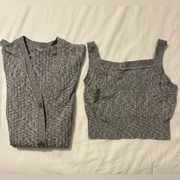 Athleta Gray Heathered Buttoned Cardigan and Ribbed Camisole Set - Picture 5 of 8